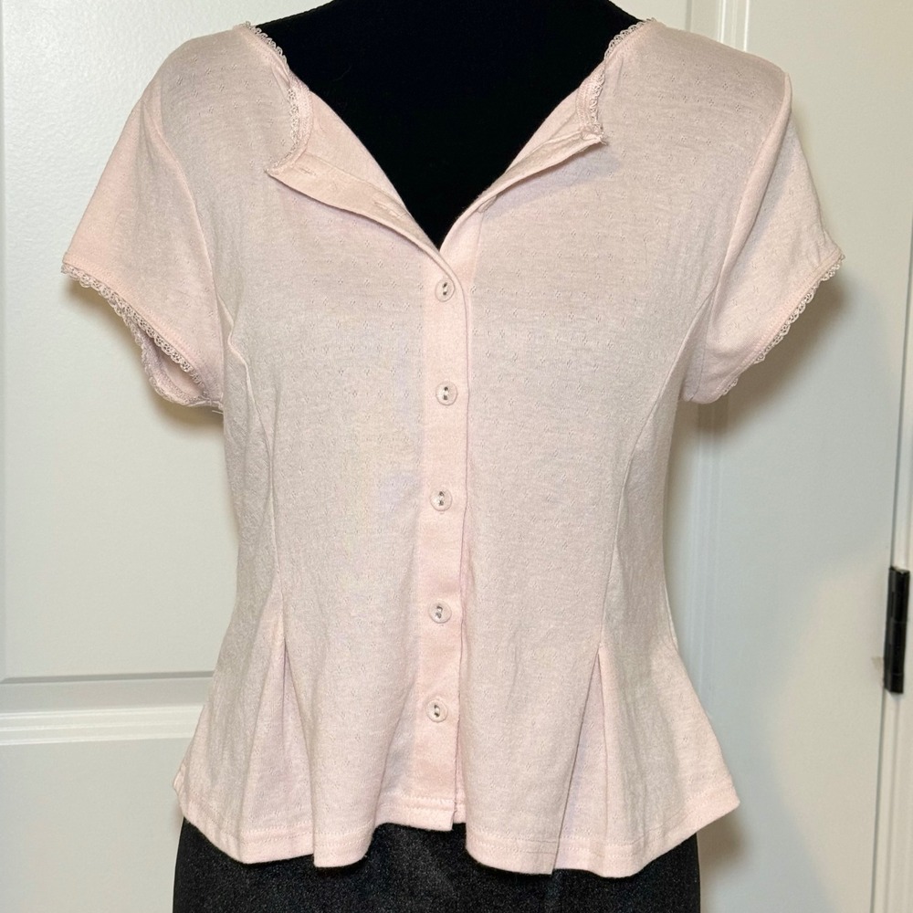 All in Favor Blush Pink Pointelle Button Front Lace Trim Peplum Top